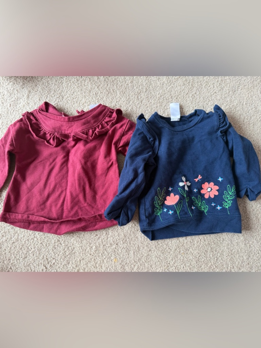 Carter's Girls Long-Sleeve Ruffle & Floral Tops - Pink and Navy